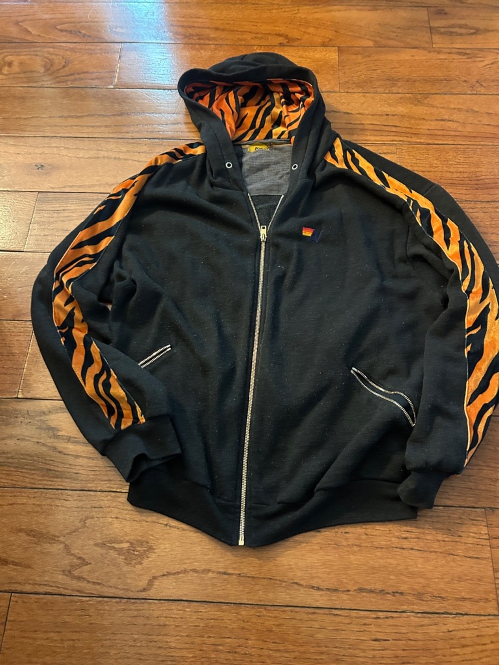 Aviator Nation Black Zip Hoodie with Orange Tiger-Print Trim